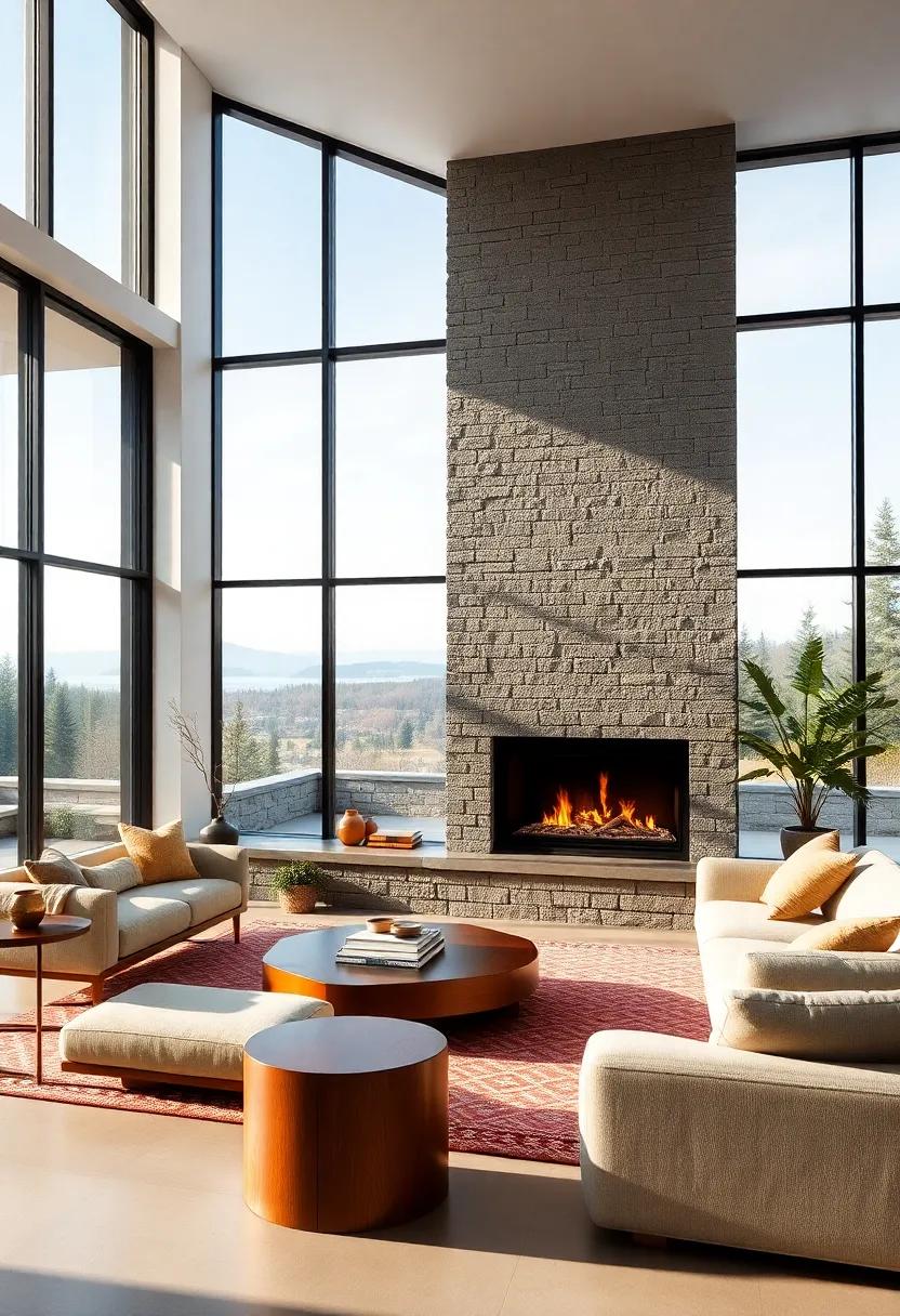 Fireplaces with a View: Position a contemporary fireplace in front of the windows to create a warm focal point, perfect for both cozy nights and vibrant gatherings