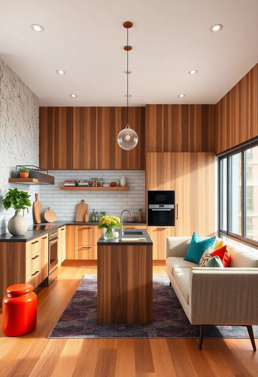 Accent Colors: Incorporate vibrant accent colors through appliances, decor, or artwork to create focal points against the warm wood backdrop