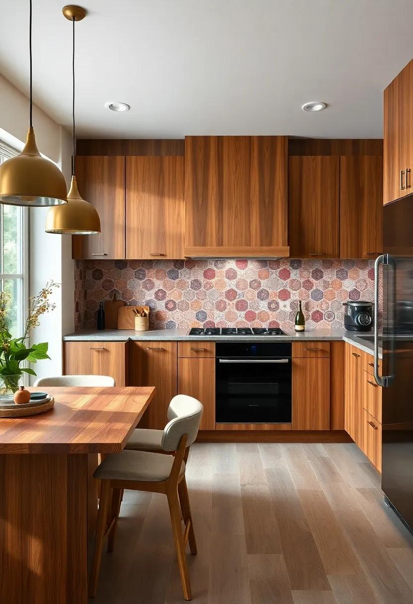 Playful Patterns: Introduce playful tile patterns as a backsplash to add visual interest and a pop of color to your wood kitchen