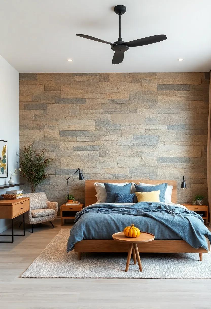 Natural Stone Accent: Use an accent wall mimicking the look of natural stone or slate to add an earthy, grounded feeling to your space
