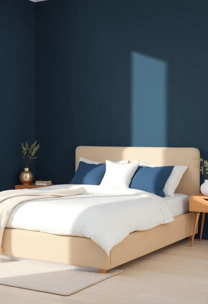 Indigo and Soft Beige: A bold yet classic pairing that introduces depth and tranquility to a stylish bedroom setting