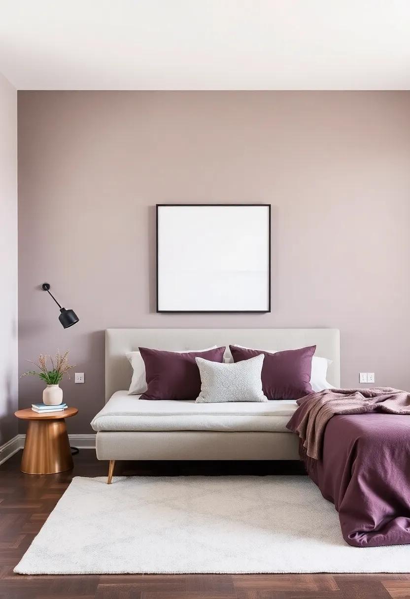 Muted plum and Whisper Gray: A sophisticated blend that remains grounded while adding a touch of luxury to the bedroom