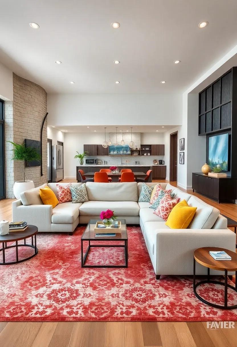add⁢ Colorful⁢ Accents: Use vibrant throw pillows and a​ patterned⁤ area rug to inject personality into a simple sectional, enhancing the open concept vibe