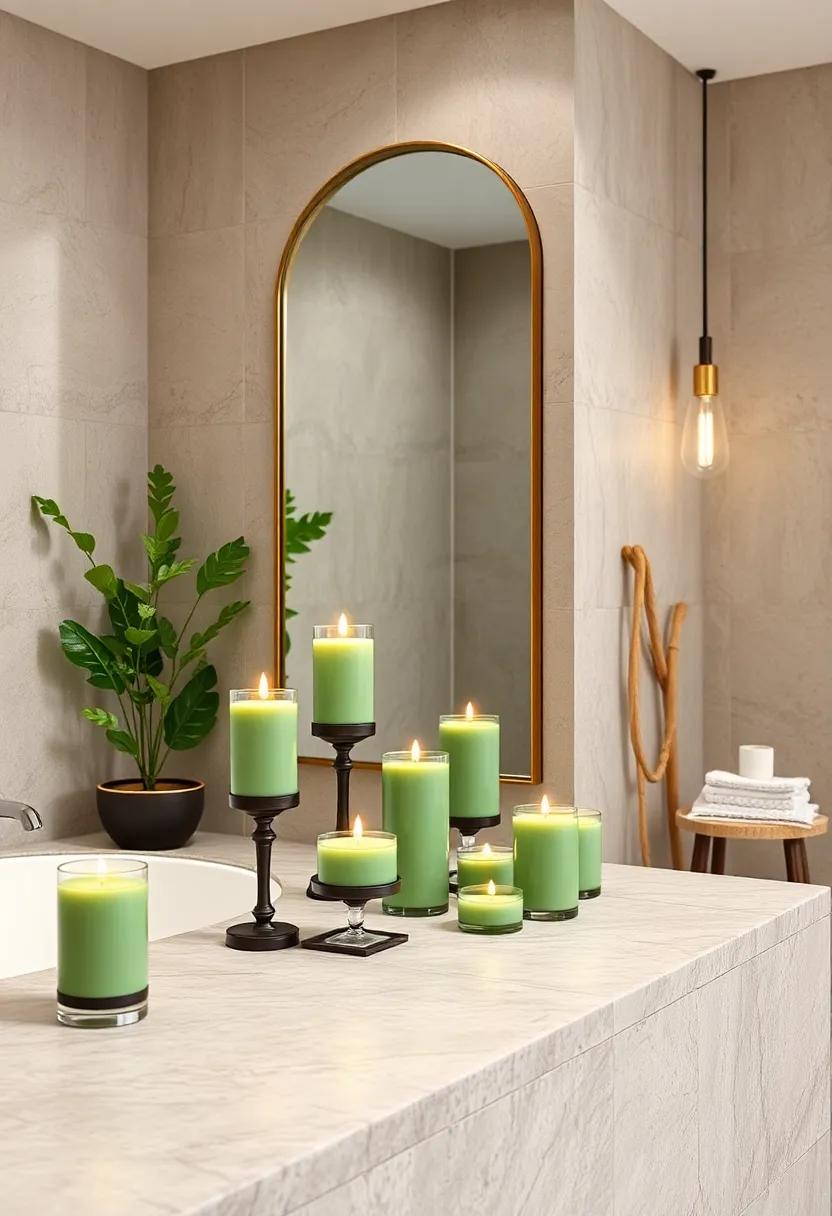 Candle displays: Use sage green candles in chic holders​ to set a tranquil atmosphere and indulge in relaxing baths