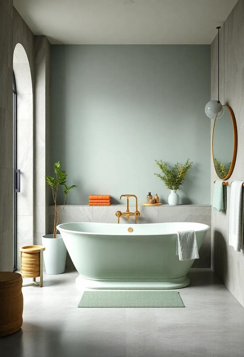Stylish Bathtubs: A freestanding bathtub painted in a complementary light sage tone serves as an exquisite statement piece