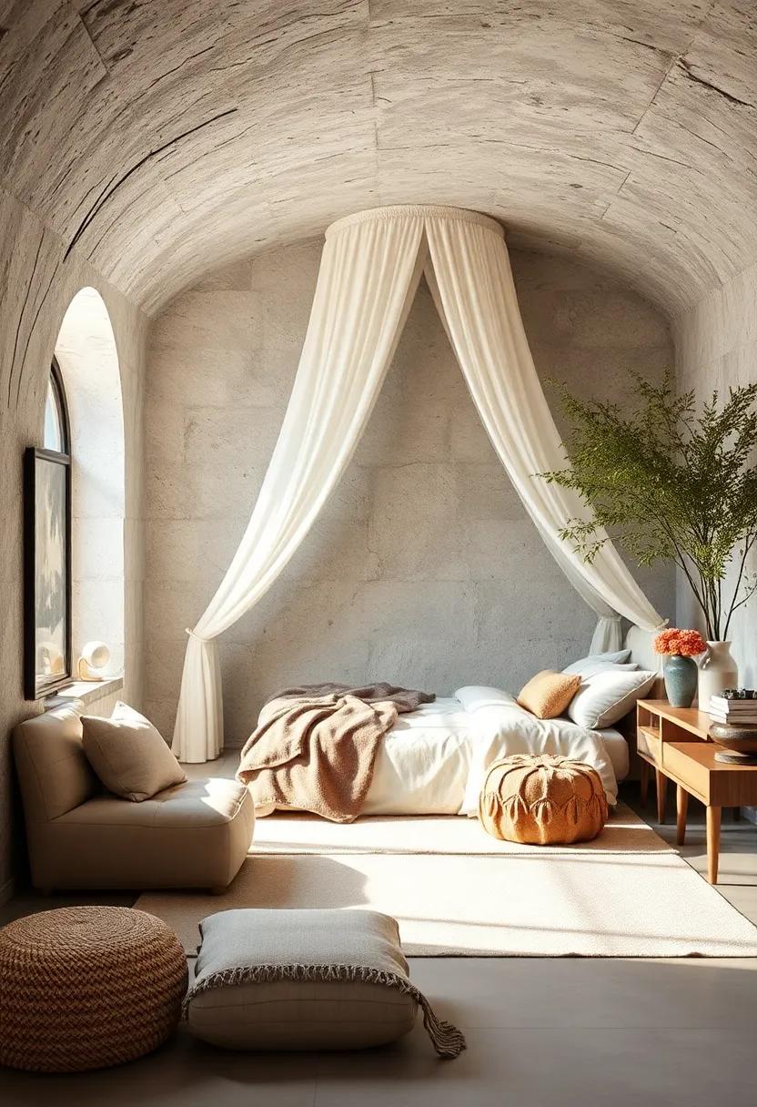 nest-like Design: See how a canopy or draped fabric can create an inviting, cave-like atmosphere, perfect for a snug retreat