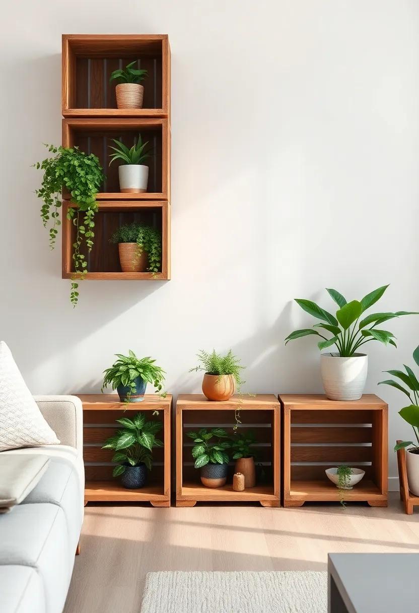 Artfully Stacked Crates offering a Rustic‌ Vibe to Your ⁢Green ⁢Displays