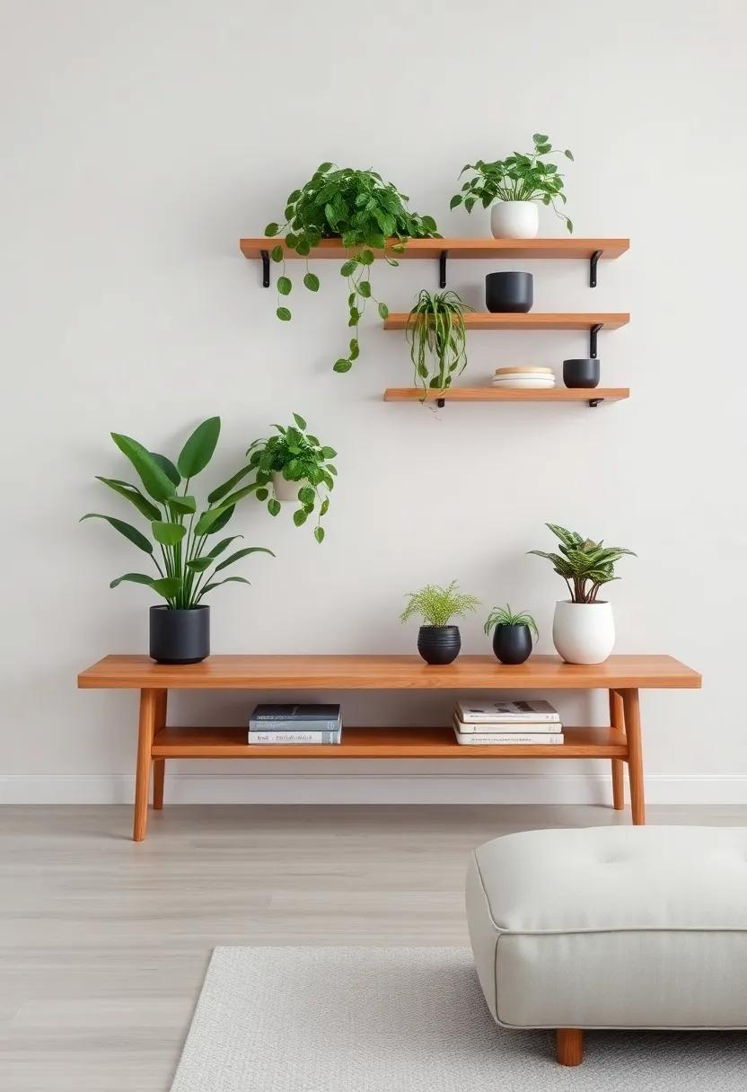Stylish Bench Shelves Blending Functionality​ with Greenery in Living Rooms