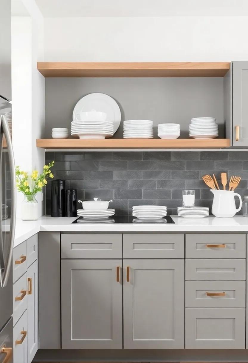 Embrace Minimalism: Create an uncluttered look by​ utilizing open shelving to showcase chic dishware against gray cabinets