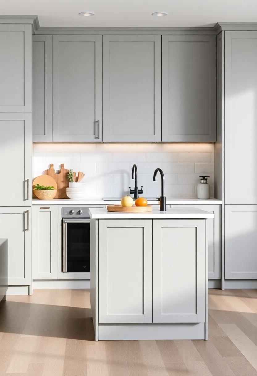 Install a Small Kitchen Island: Opt for a movable, slim kitchen island that features a gray finish to provide additional prep space and functionality