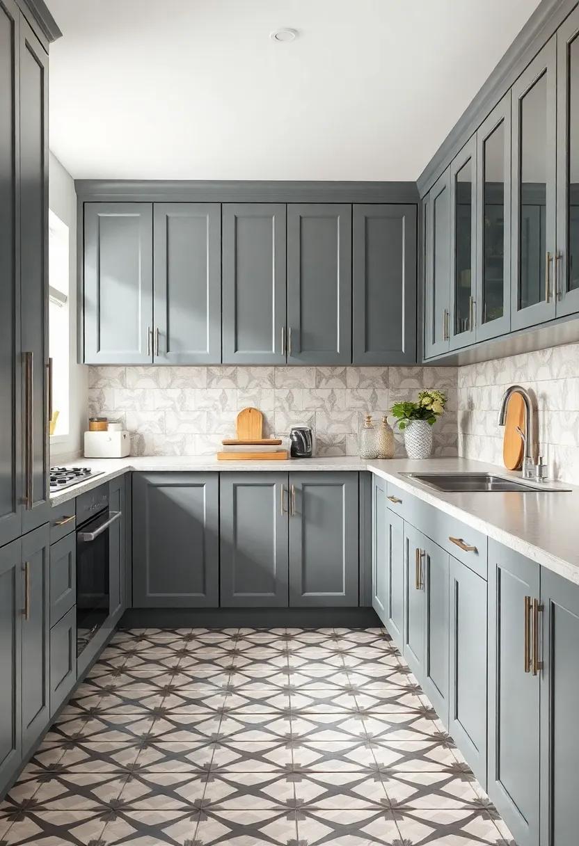 Play with Patterns: Experiment with patterned floor tiles that add interest while beautifully contrasting with the simplicity of gray cabinets