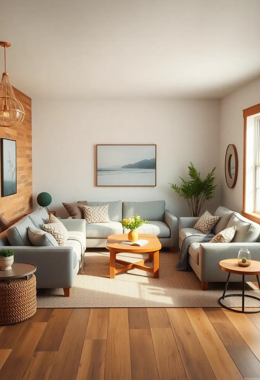 Rustic Retreat: Infuse warmth into your small living space with a farmhouse-style sectional paired with natural wood elements