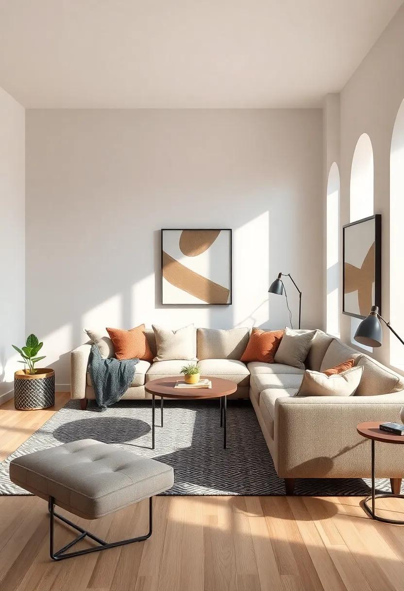 Peaceful Coziness: Opt for curved sectionals that soften lines and create an inviting, cozy atmosphere in tight quarters