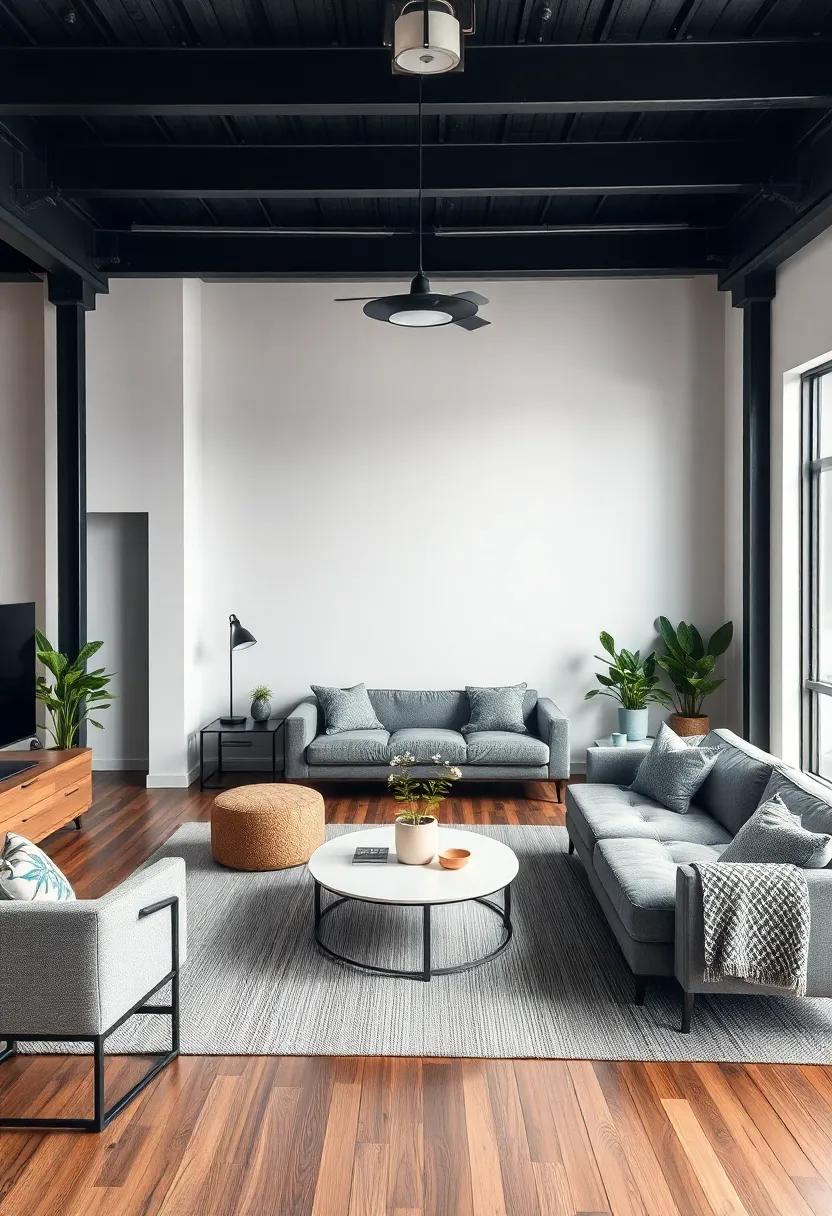Embracing Open Spaces with Industrial Features in cozy Living Rooms
