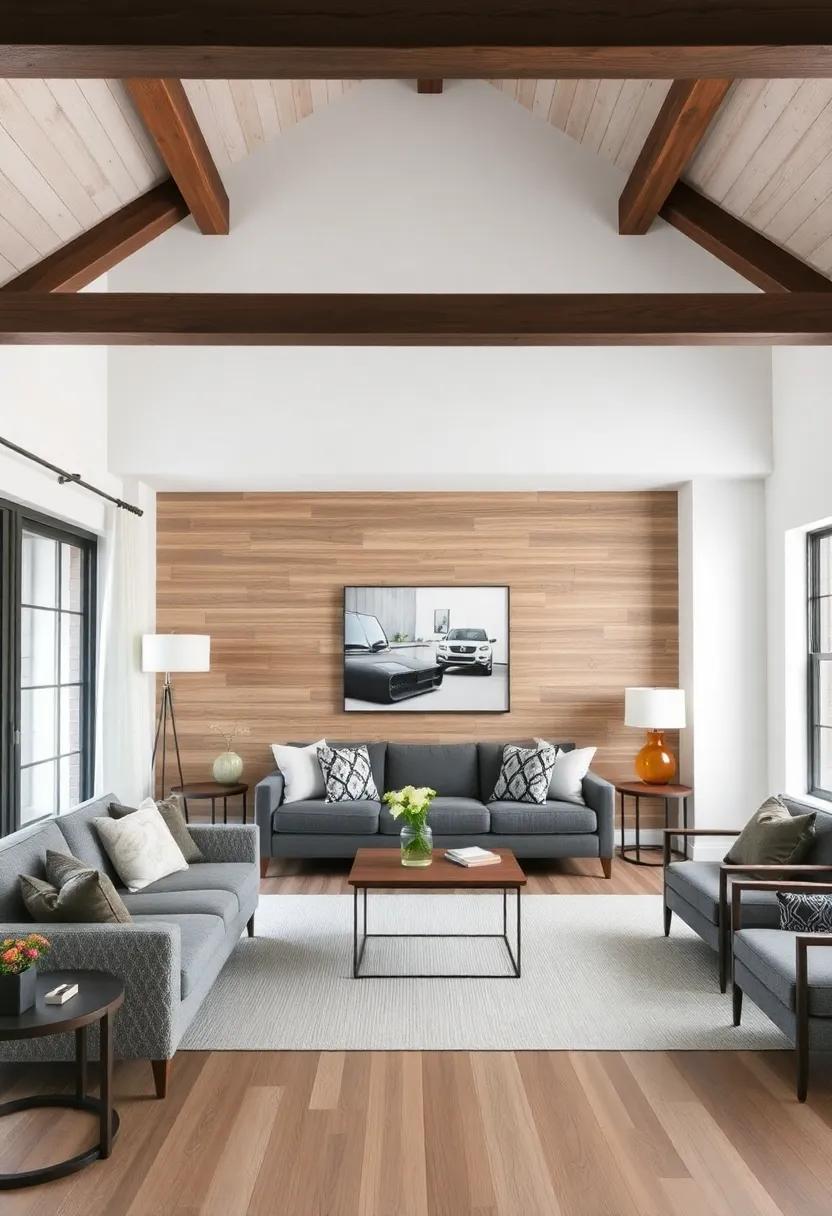 Textured Backdrops: Create a feature wall with wood paneling or textured wallpaper that complements the beams and adds depth to the space