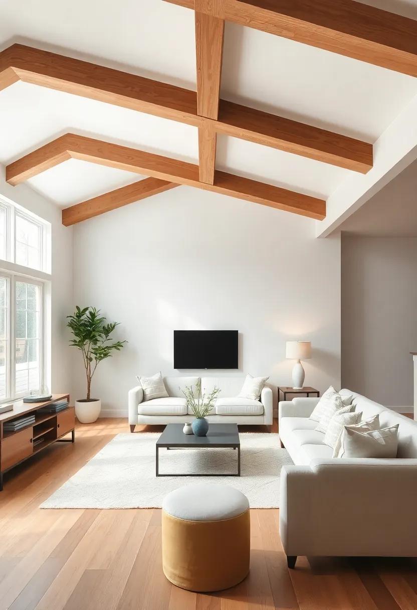 Ceiling Color Play: Paint the ceiling in a contrasting shade to emphasize the beams, creating a bold, architectural statement