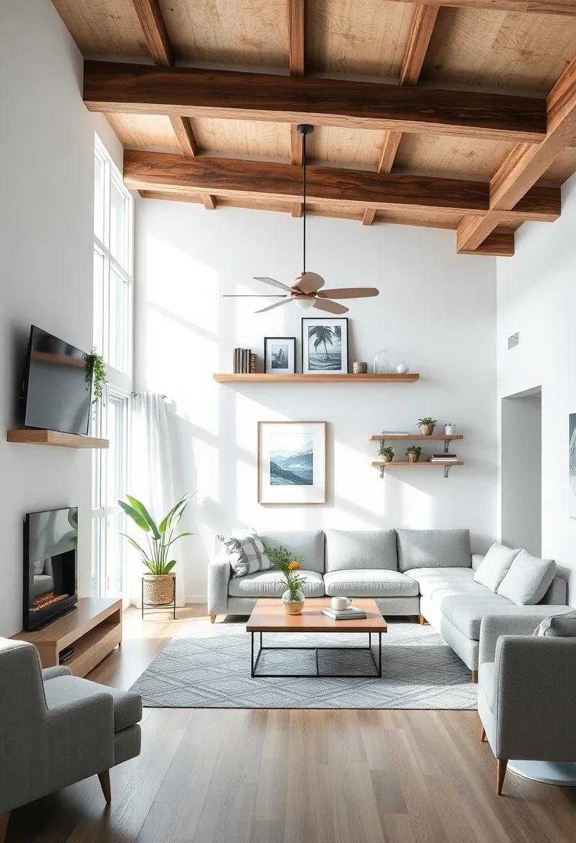 Utilize vertical Space: Install shelves high on the walls to showcase decor items, drawing the eye upward and taking advantage of the high ceilings