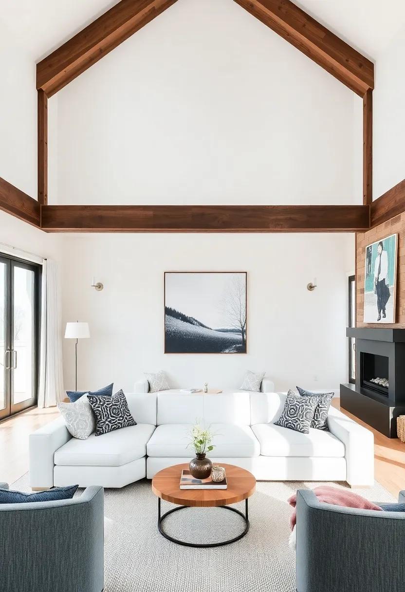 Statement Artwork: Hang bold pieces of art that draw the eye upward, enhancing the height of the room and celebrating the beams