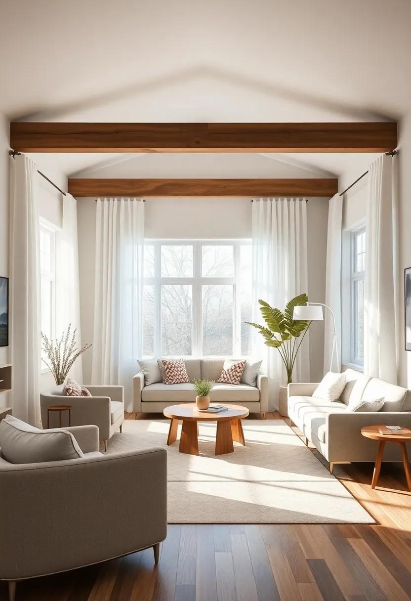 Soft Draperies: Hang light, flowy curtains that frame the windows without blocking natural light, enhancing the openness of the room
