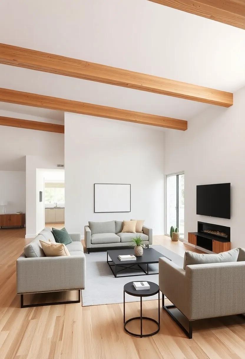 Embrace Minimalism: Use sleek furniture and a simple color palette to create a calm space that lets the exposed beams shine
