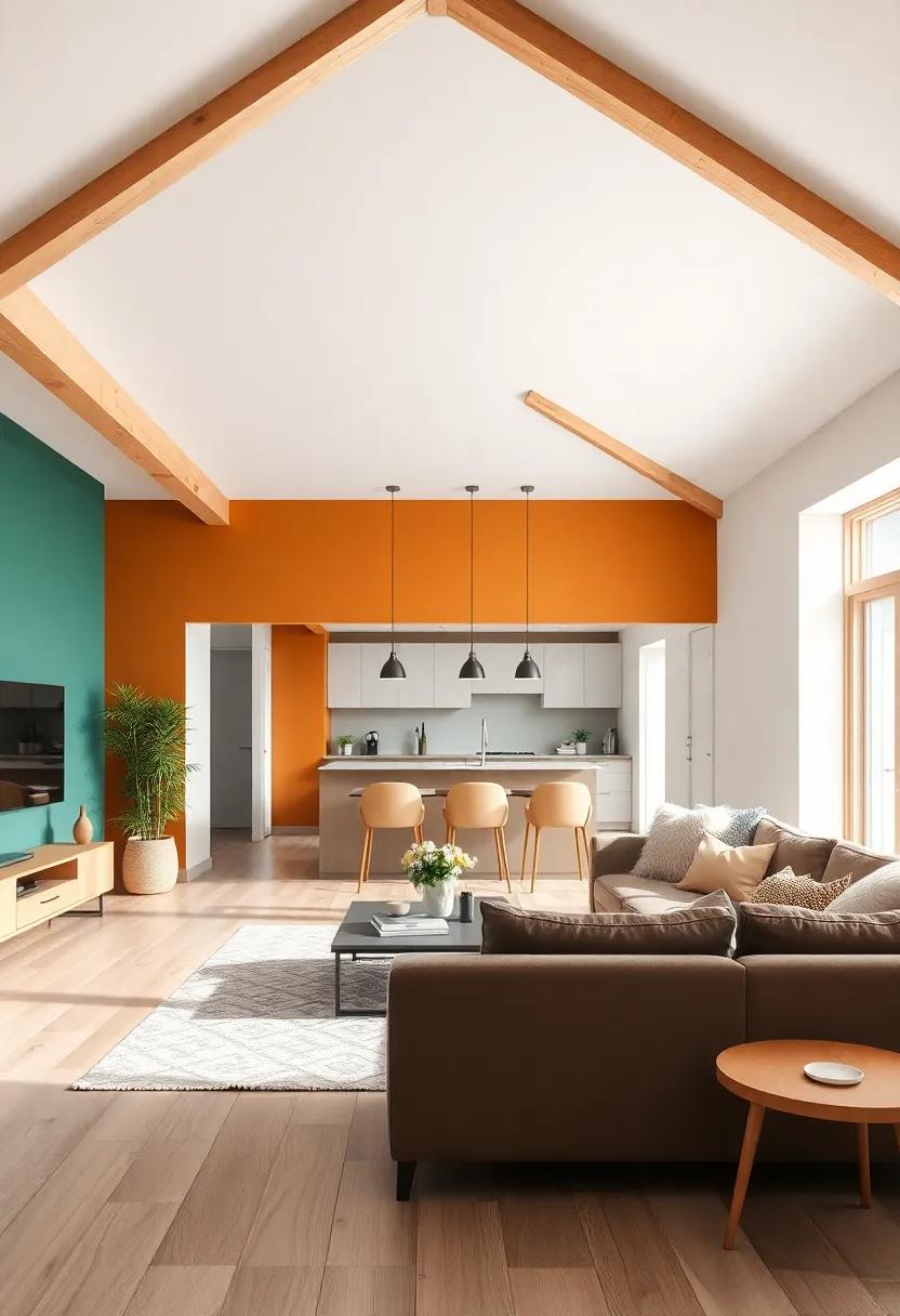 Modern contrast: Mix rustic beams with contemporary furniture designs for an eclectic vibe that captures both charm and trendiness