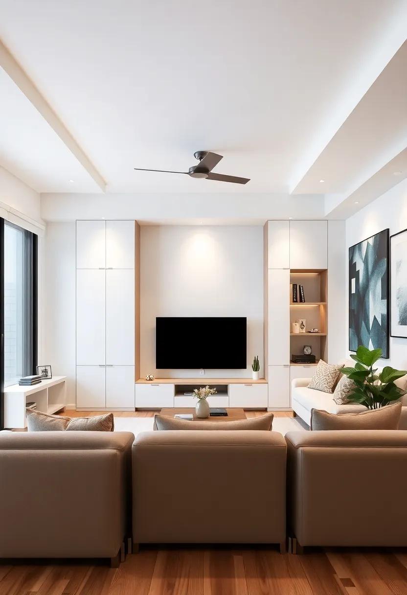 built-In Units: Use built-in shelving or cabinetry along walls to maximize storage while keeping the floor space open