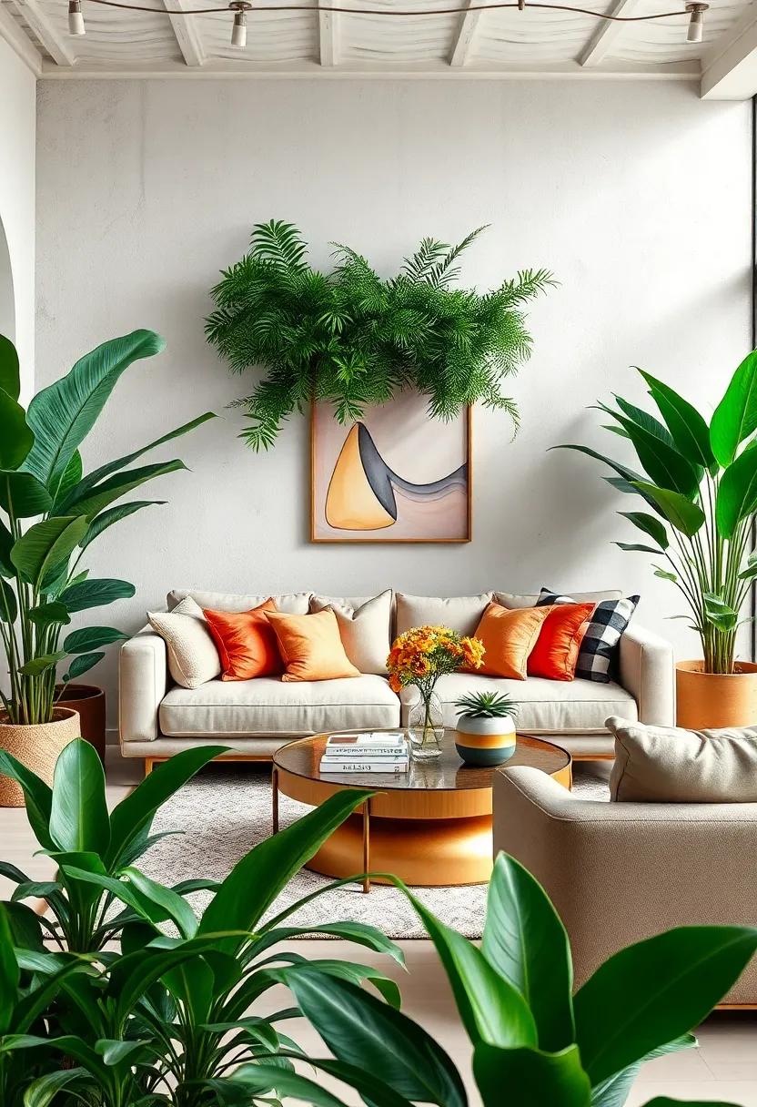 Indoor Plants Galore: Fill your living⁢ room with an​ array of indoor plants like monstera, snake plants, and ferns ‌to create a ​flourishing​ oasis