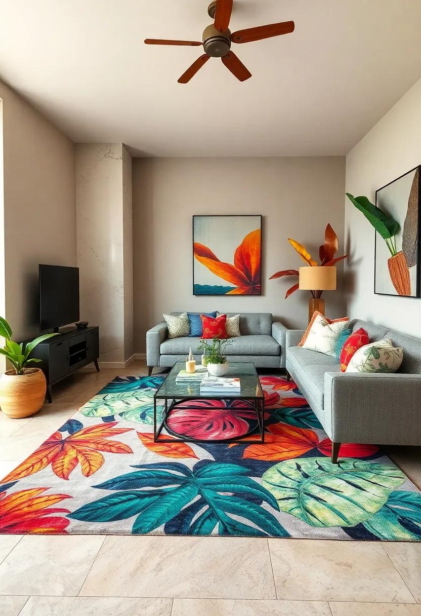 Statement Rugs: choose a vibrant area rug with tropical motifs to ‌anchor your space and⁣ add warmth underfoot