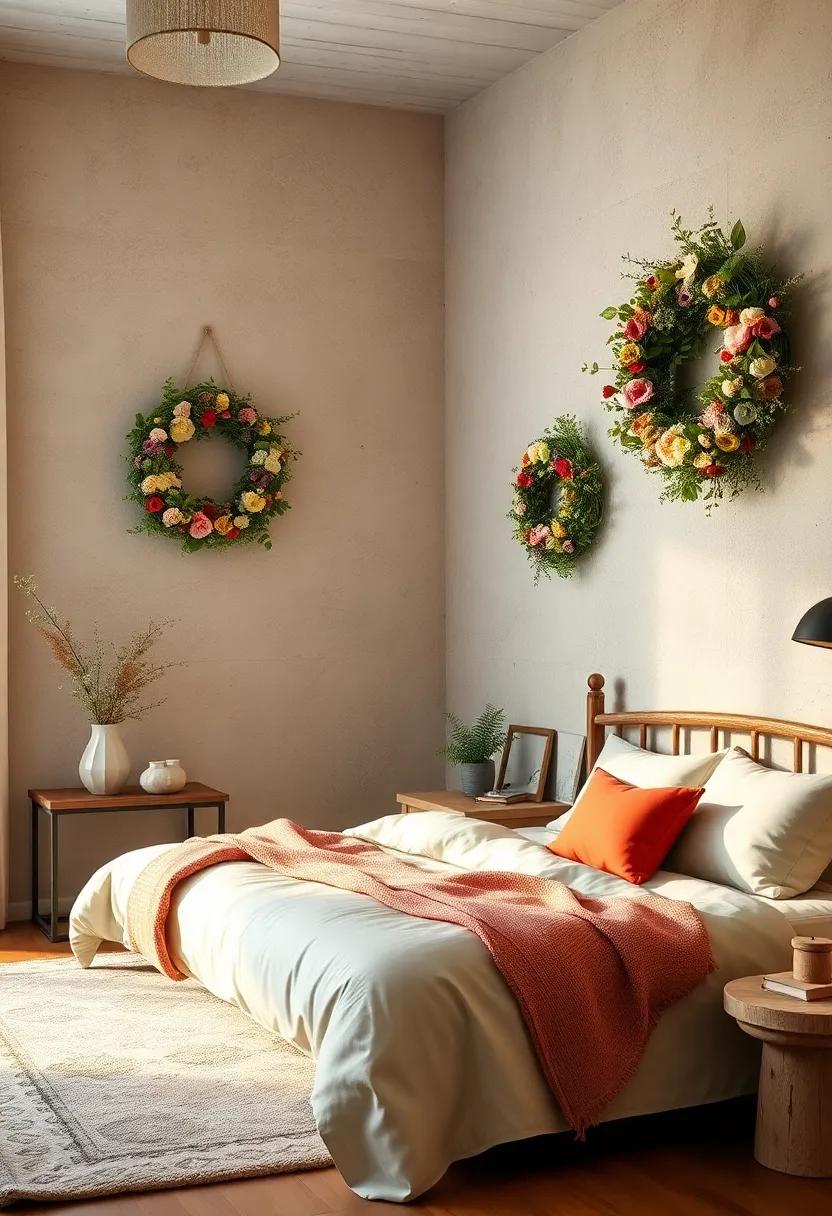 Floral Wreaths: hang handcrafted floral wreaths to soften the decor and reinforce a vintage-inspired atmosphere