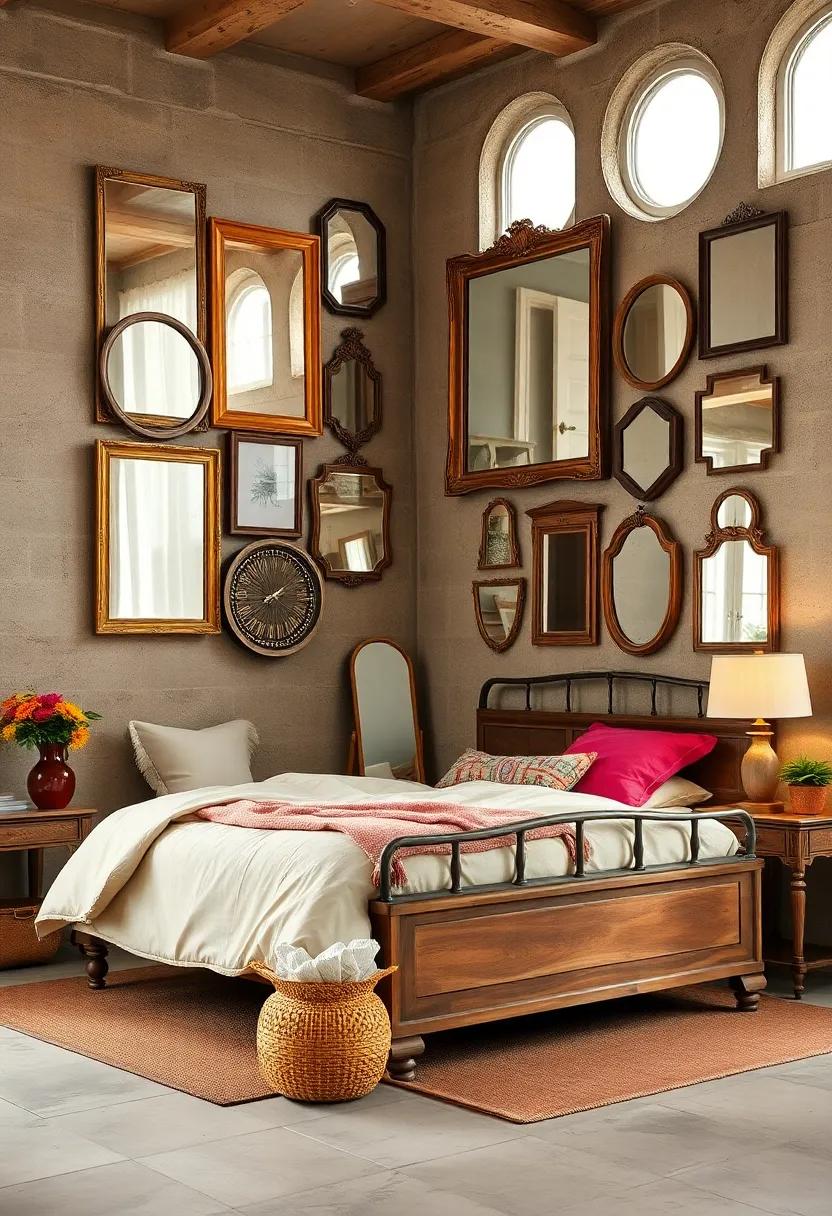 A collection of vintage mirrors to enhance light and create an illusion of depth