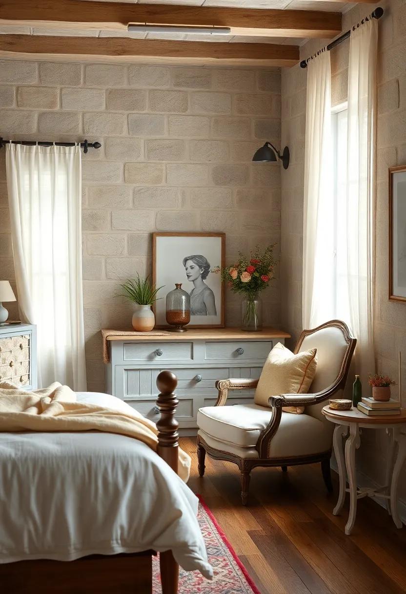 A cozy reading nook with a shabby chic armchair⁢ and‌ an⁣ antique side table