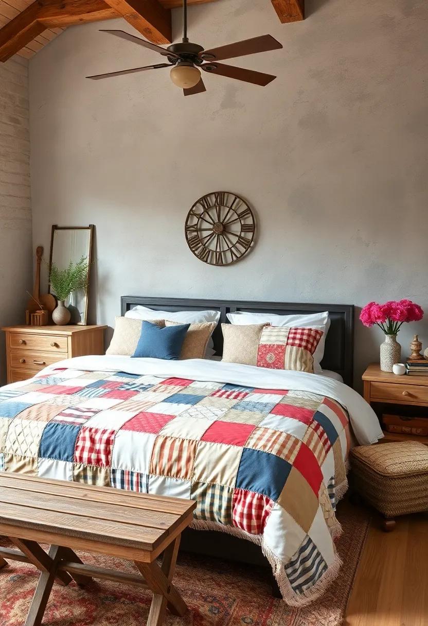 A patchwork quilt that adds personality and a touch of nostalgia to the bed