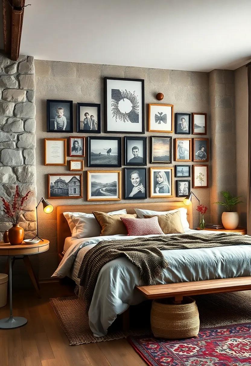 A quirky gallery ‌wall featuring framed family photos,artwork,and found objects