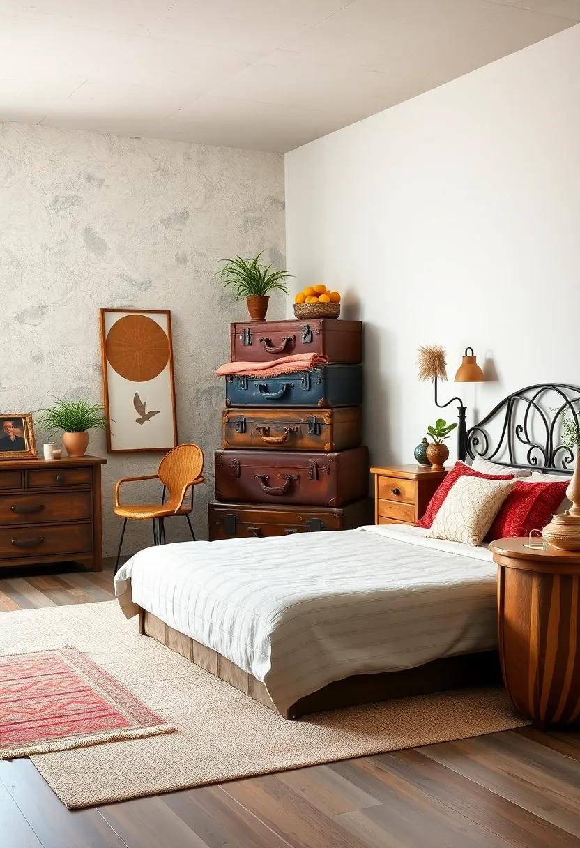 Vintage suitcases stacked as a quirky nightstand or decorative accent