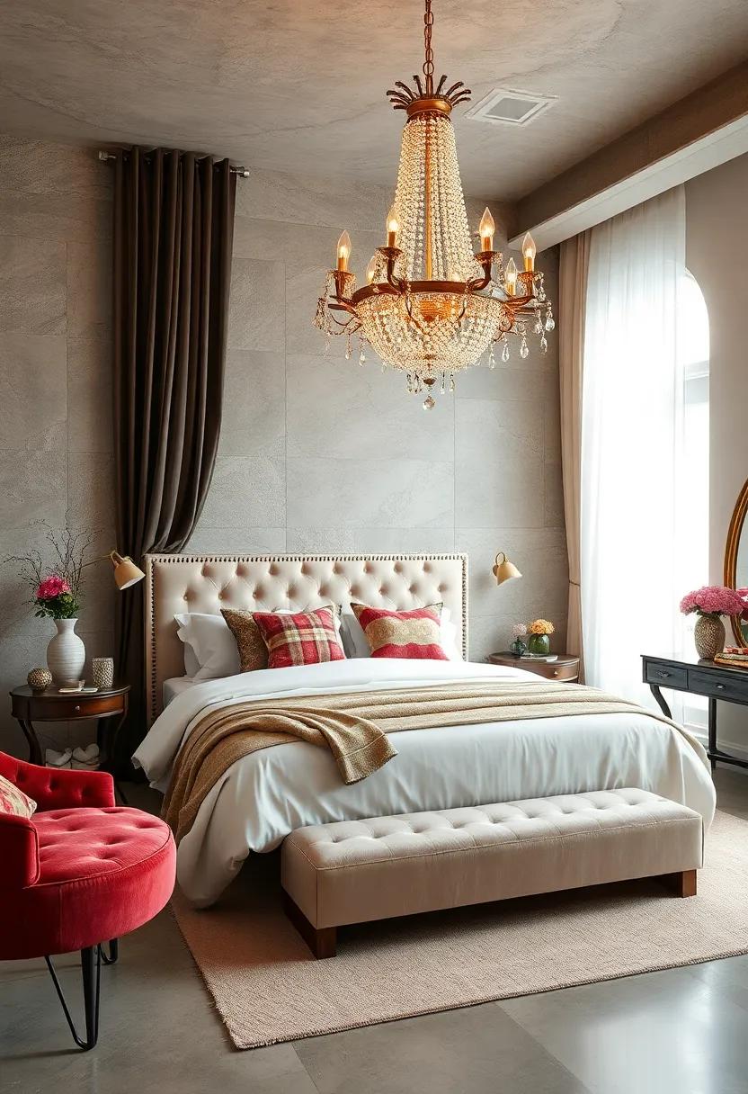 Statement chandeliers: Install a sparkling chandelier to infuse a sense of opulence and vintage charm above⁣ your bed or ⁣in the center of the ‌room