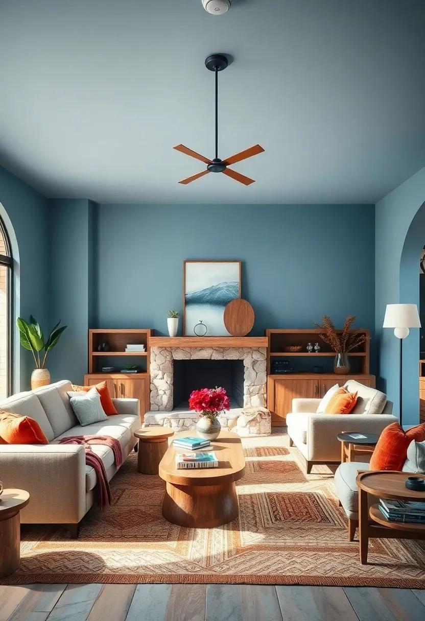Embrace⁢ Soft⁣ Blue ⁢Walls: Choose a muted, warm blue hue for your living room walls to create a calm and inviting​ backdrop‍ that pairs beautifully with rustic furniture