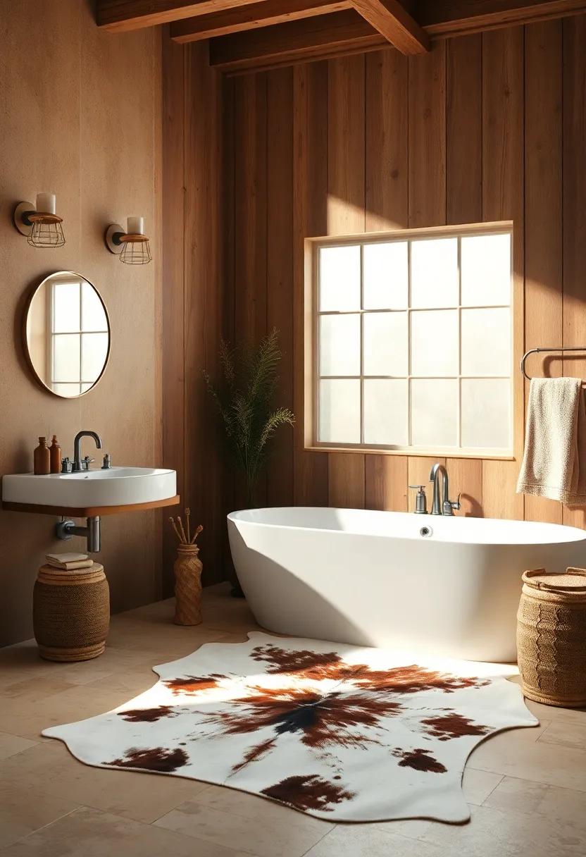 Utilize Faded Textiles and Cowhide Rugs for a Touch of Warmth