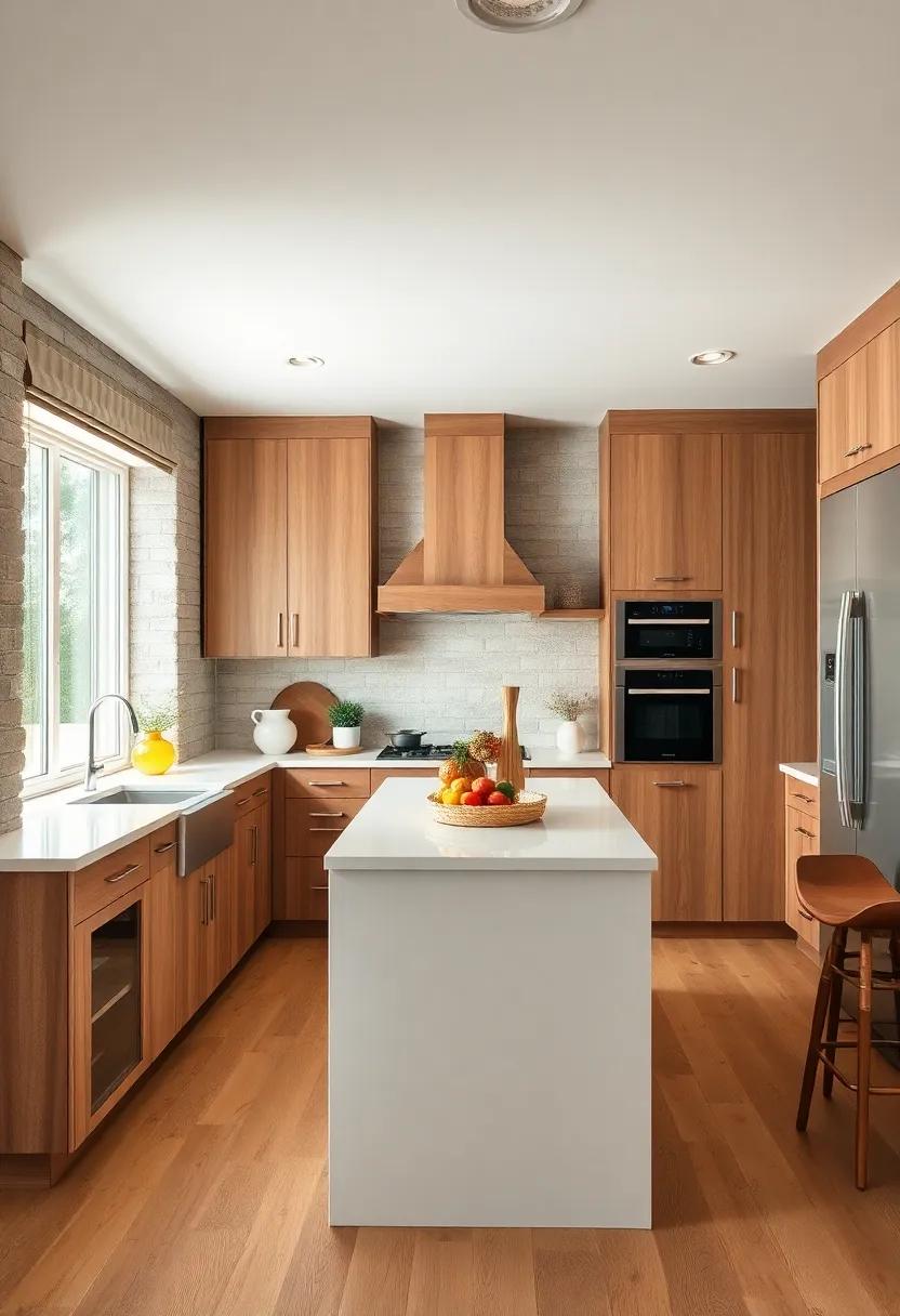 Find inspiration in a combination of soft beige cabinets and a white island with decorative accents, perfect for a cozy farmhouse aesthetic
