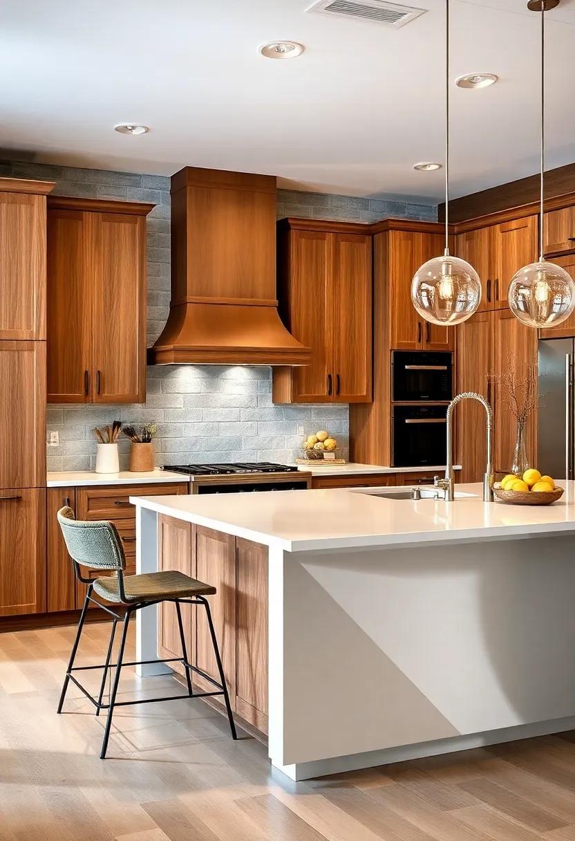 Create a harmonious blend of traditional and modern⁤ with ⁢classic oak⁣ cabinetry ⁢paired with a contemporary white island featuring‌ bold geometric edges