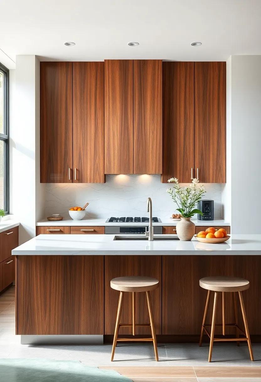 Enjoy the rich texture⁢ of textured wood cabinetry complemented by a smooth, glossy ⁤white island that creates ⁢a stunning visual contrast