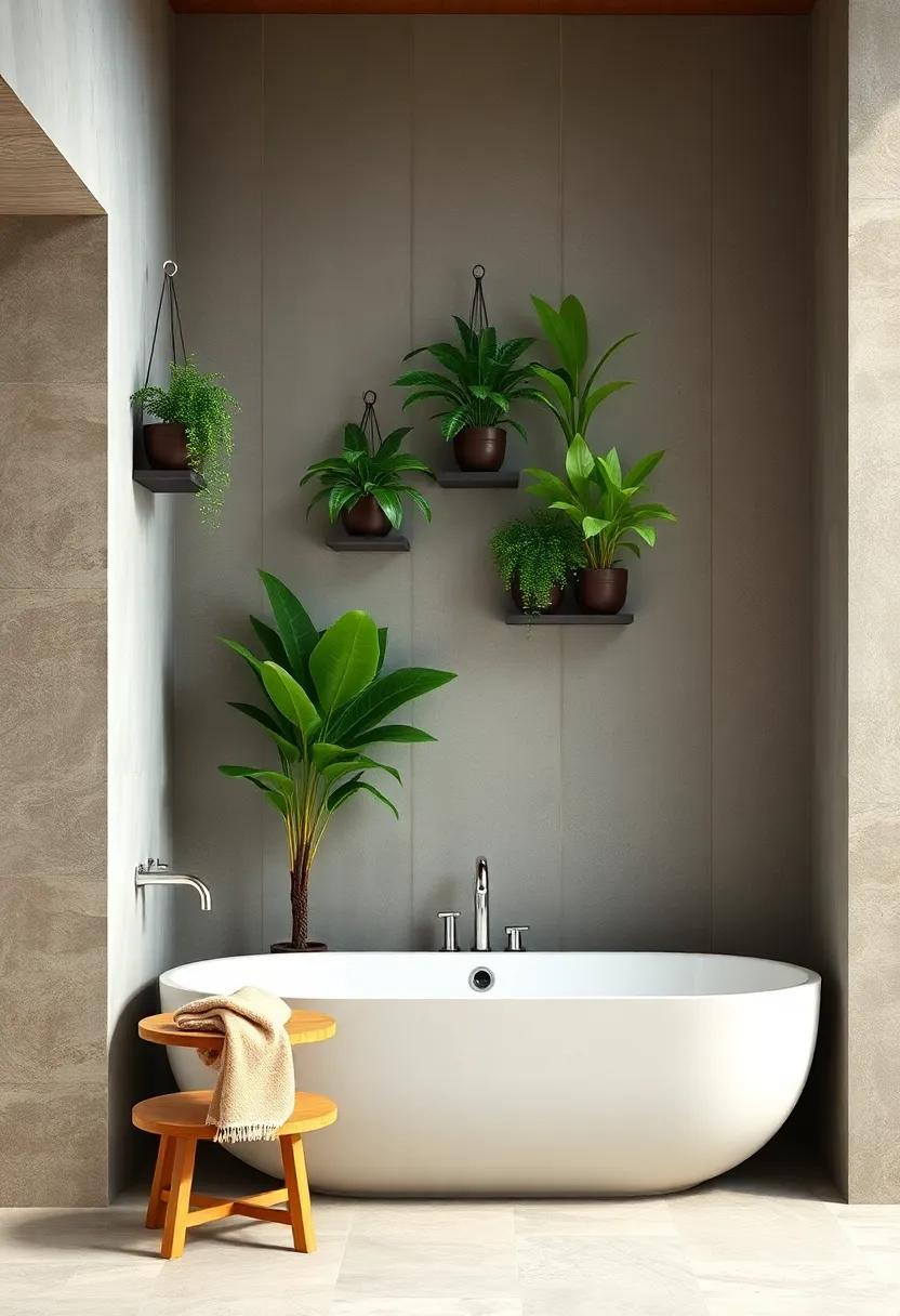 Use Wall-Mounted Planters: Maximize space by installing wall-mounted planters that bring greenery to eye level, brightening your bathroom walls