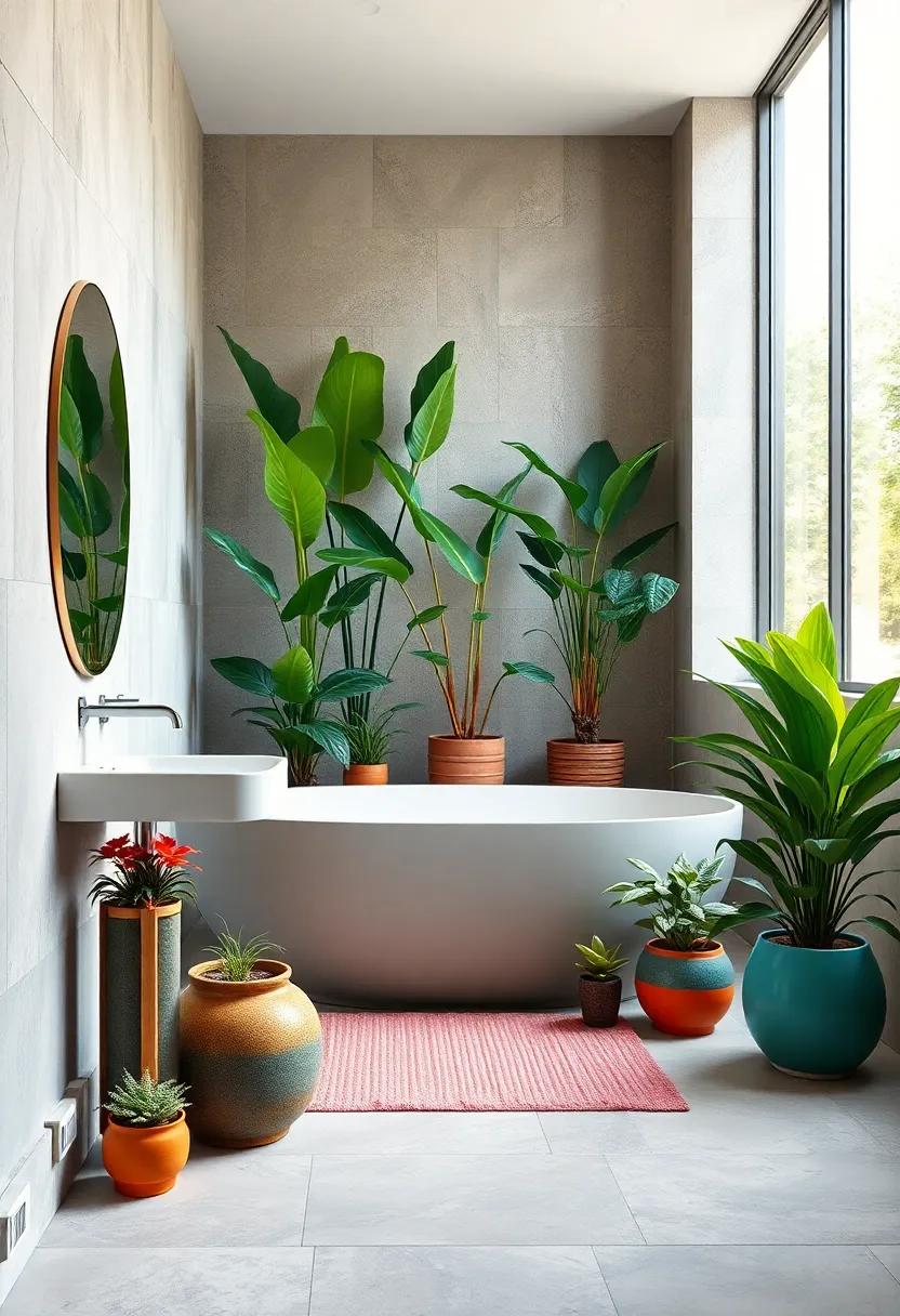Use Colorful Pottery: Select vibrant pots that complement your bathroom decor, adding pops of color and personality around your plants